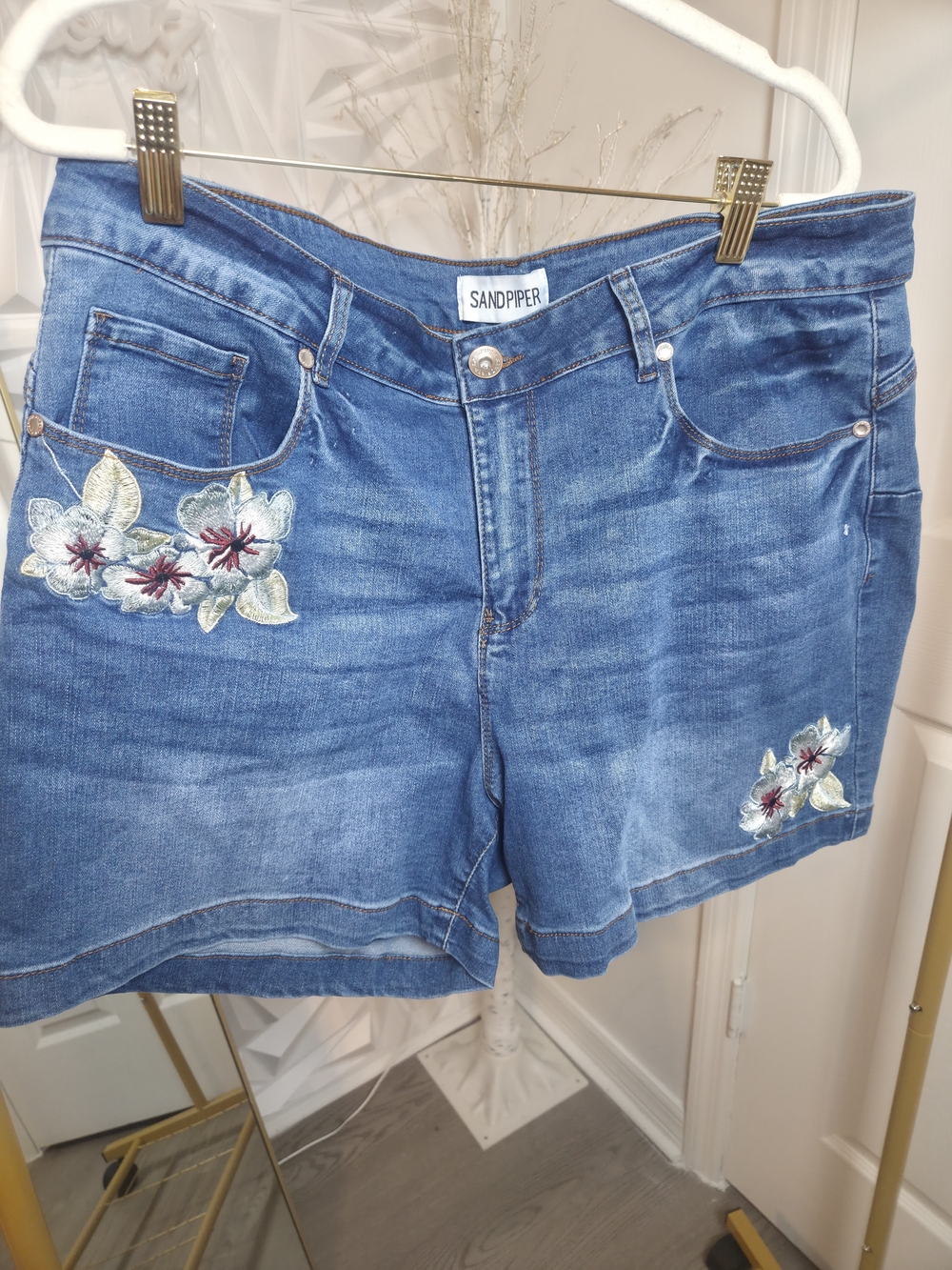 Blue Denim Jean Shorts with Embroidered Floral Detail